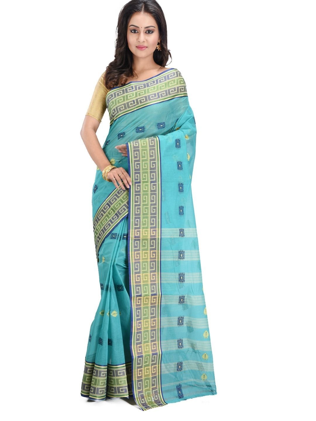 

RAJ SAREE HOUSE Geometric Printed Pure Cotton Jamdani Saree, Blue