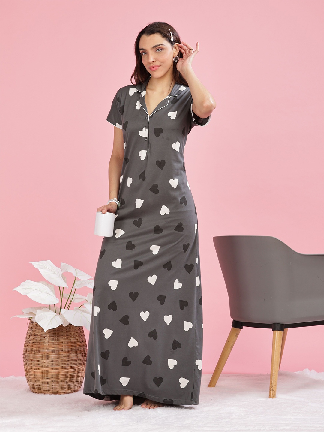 

9shines Label Printed Maxi Nightdress, Grey