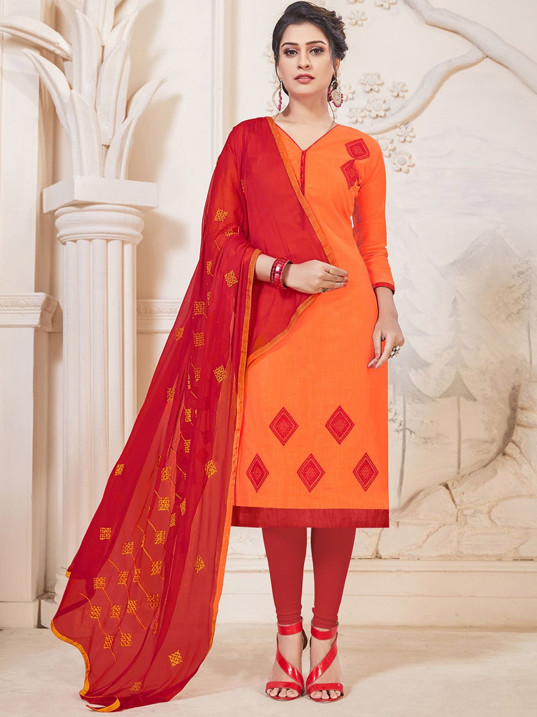 

HERE&NOW Ethnic Motifs Embroidered Cotton Unstitched Dress Material, Orange