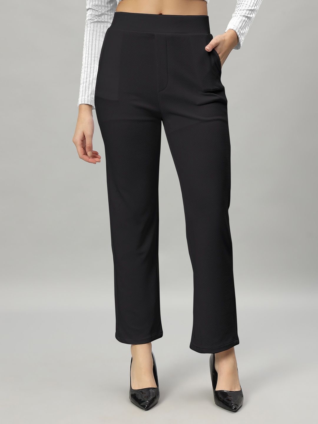 

Jinax Women Relaxed Straight Leg Mid-Rise Trousers, Black