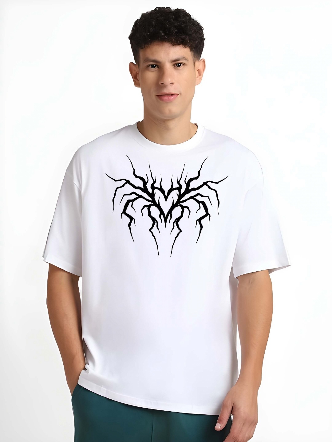 

Krimmple Men Graphic Printed Round Neck Cotton Oversized T-shirt, White