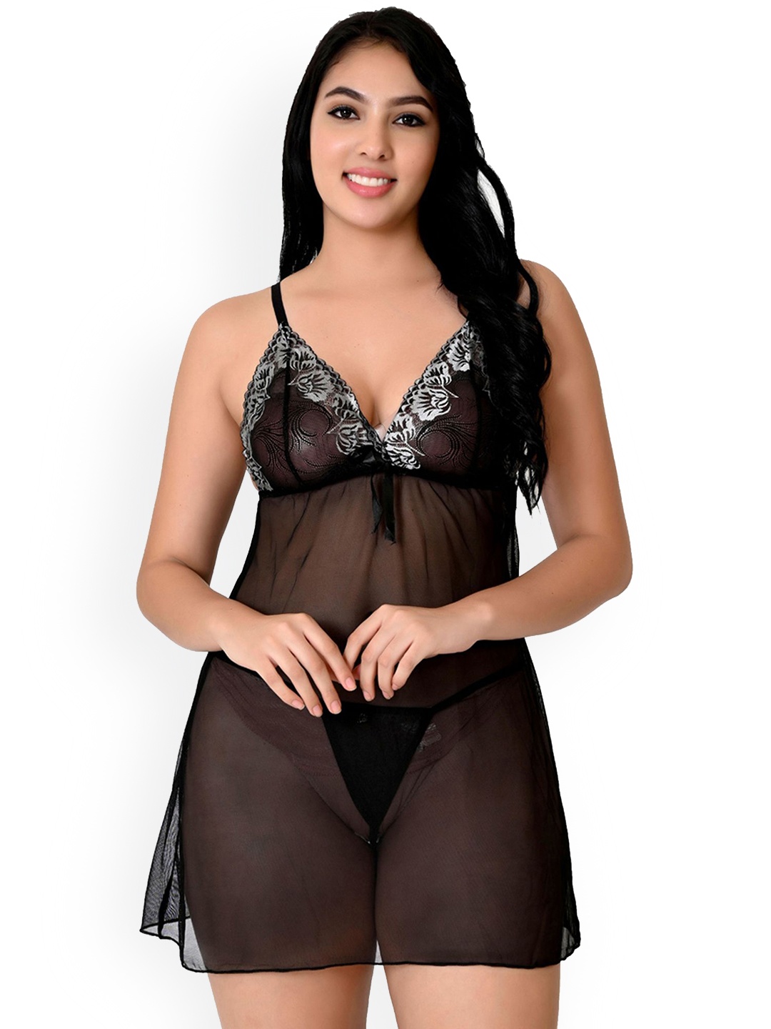 

chia fashions Net V-Neck Baby Doll, Black