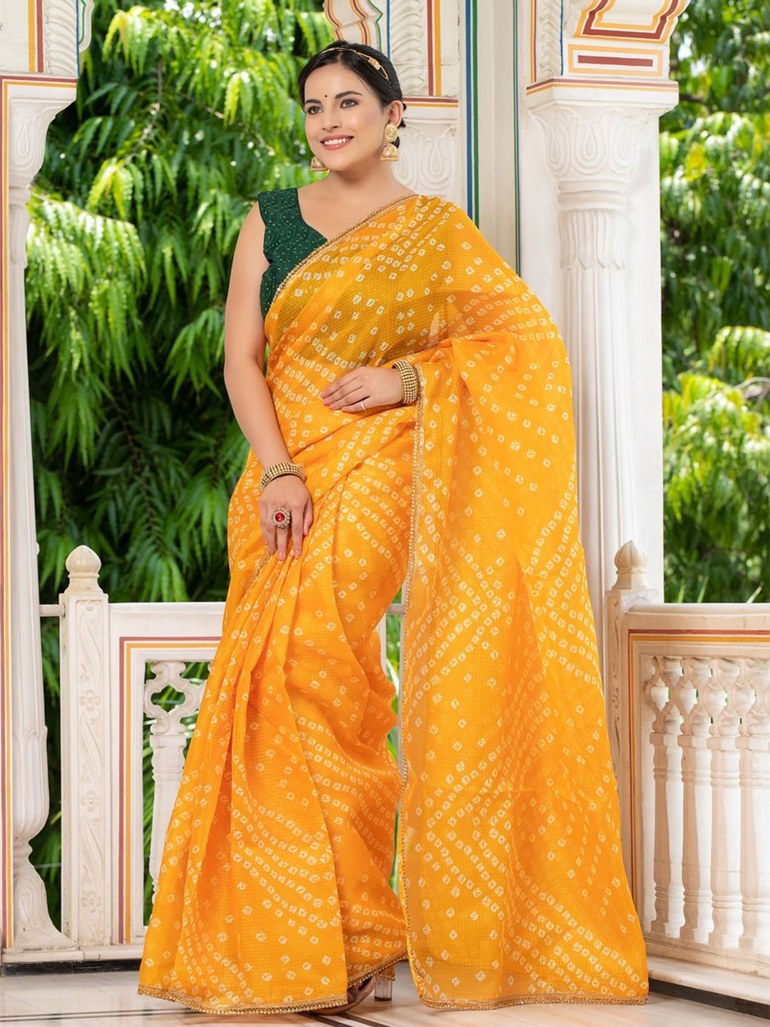 

Indi INSIDE Printed Beads and Stones Bandhani Saree, Yellow