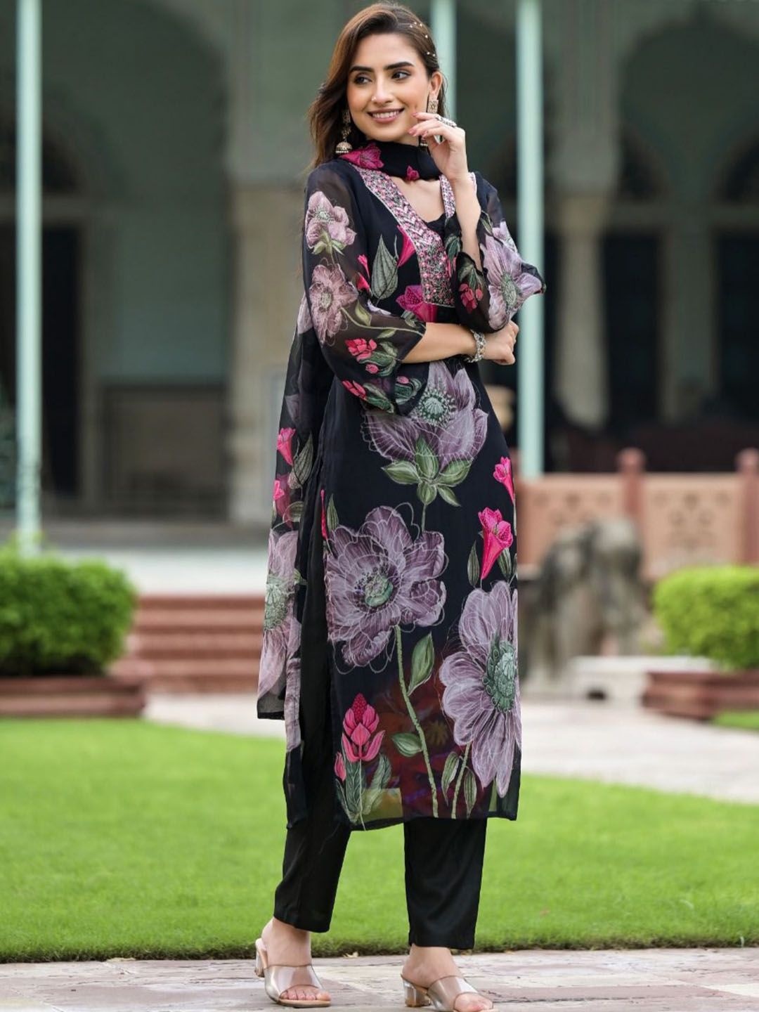 

KALINI Floral Printed V-Neck Georgette Straight Kurta With Trousers & Dupatta, Black