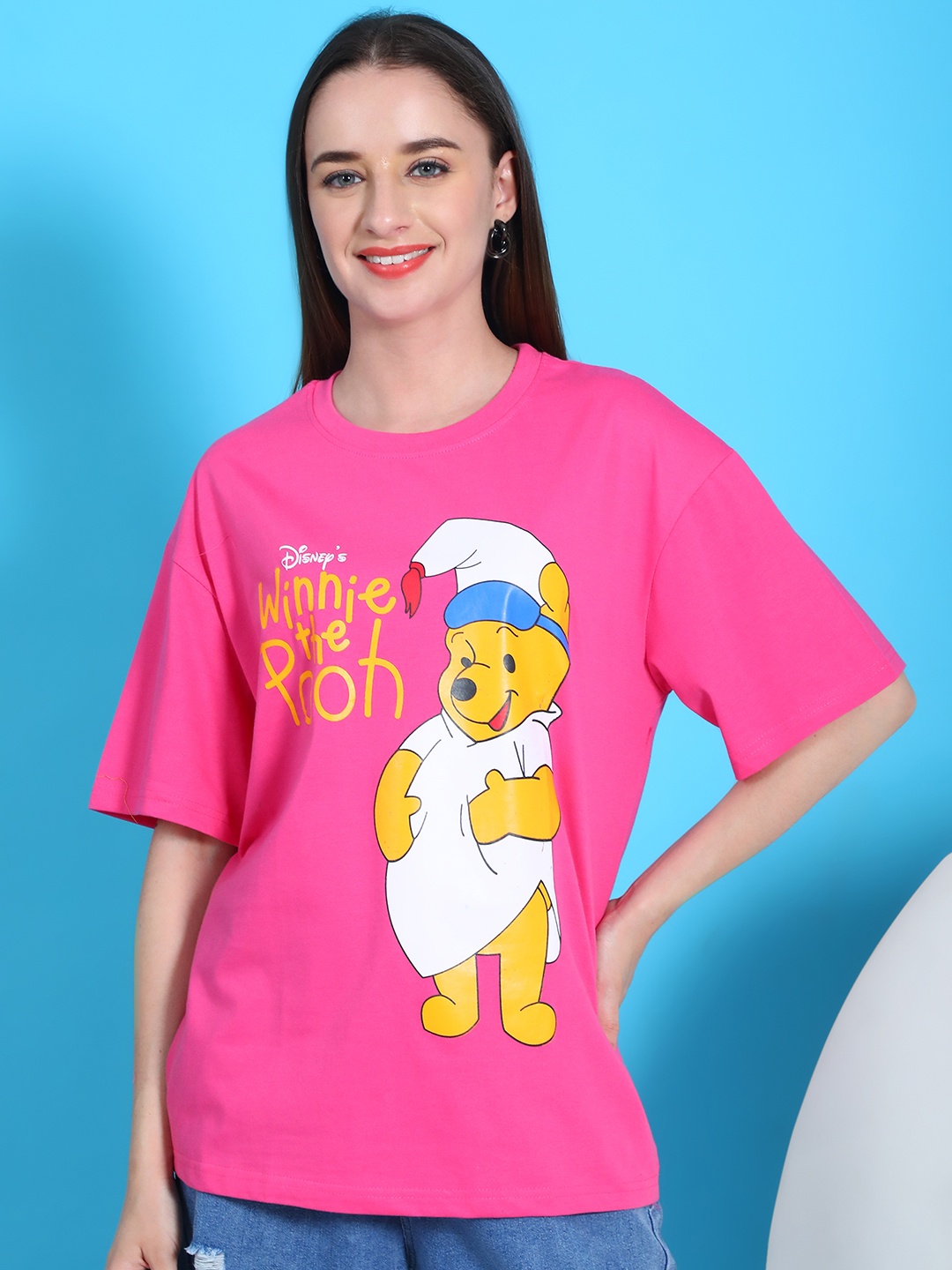 

Dreambe Women Pack Of 2 Winnie The Pooh Fusion Graphic Printed Cotton Oversized T-shirts, Pink