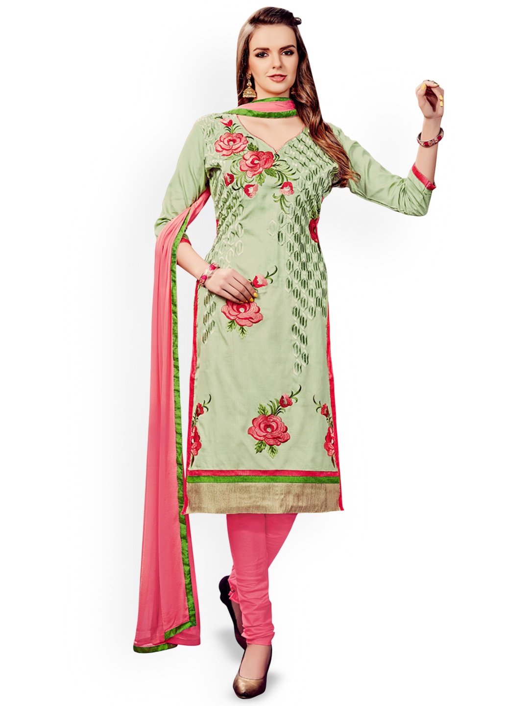 

HERE&NOW Floral Embroidered Unstitched Dress Material, Lime green