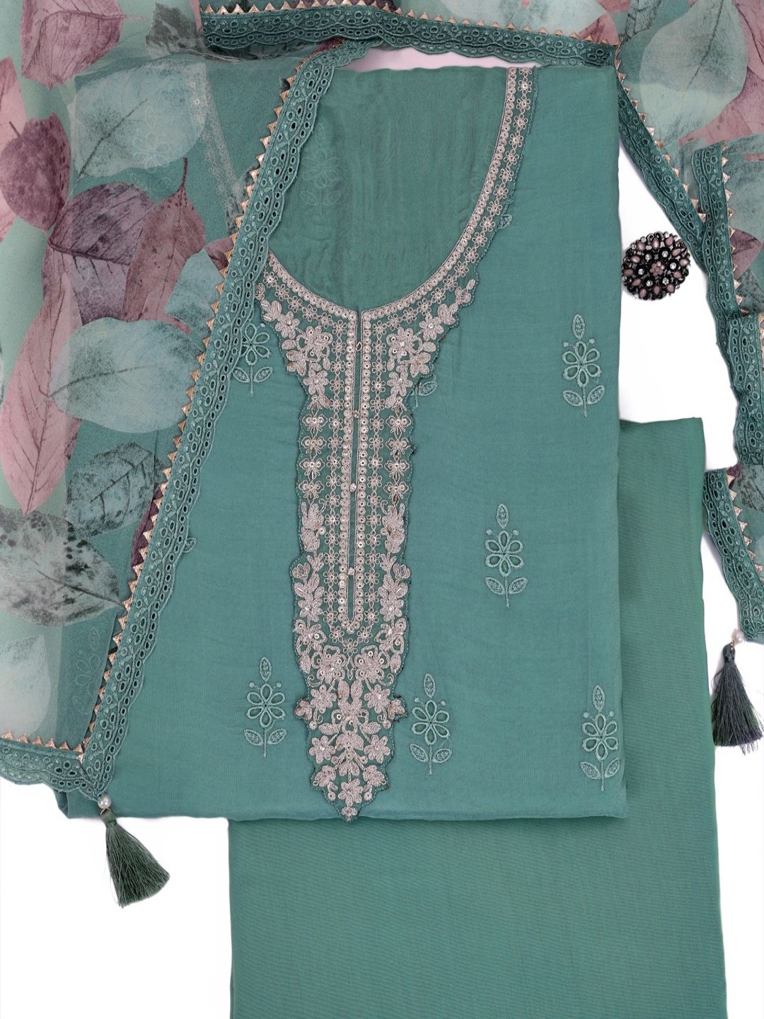 

KULEESH Floral Embroidered Sequinned Semi-Stitched Dress Material, Green