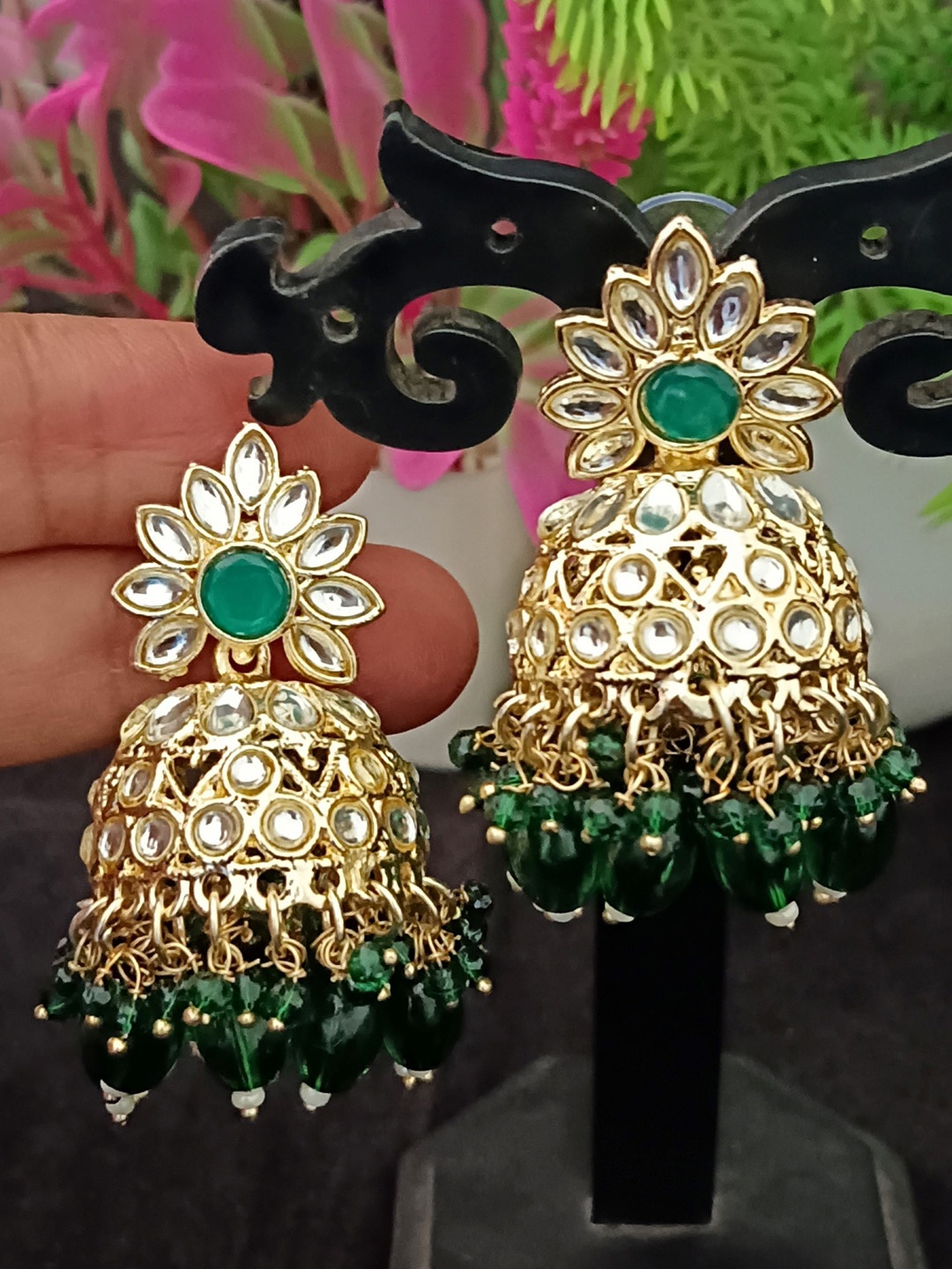 

EVY Gold-Plated Artificial Stones Studded And Beaded Dome Shaped Jhumkas