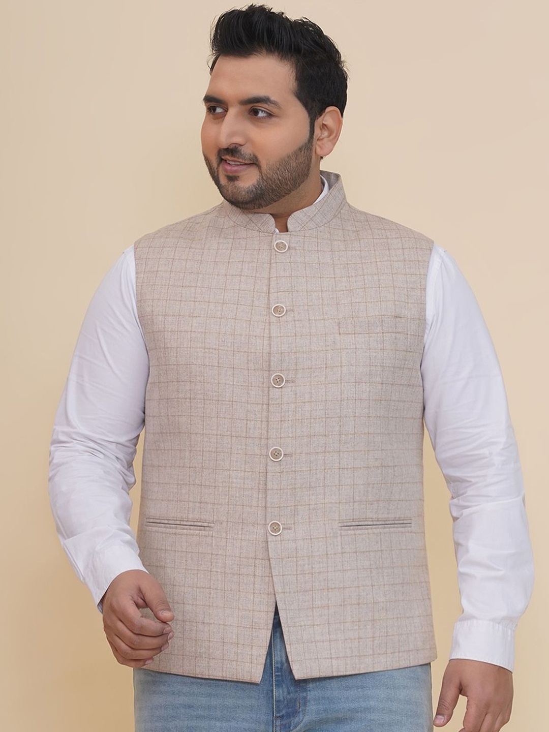 

John Pride Men Plus Size Checked Nehru Jacket, Beige