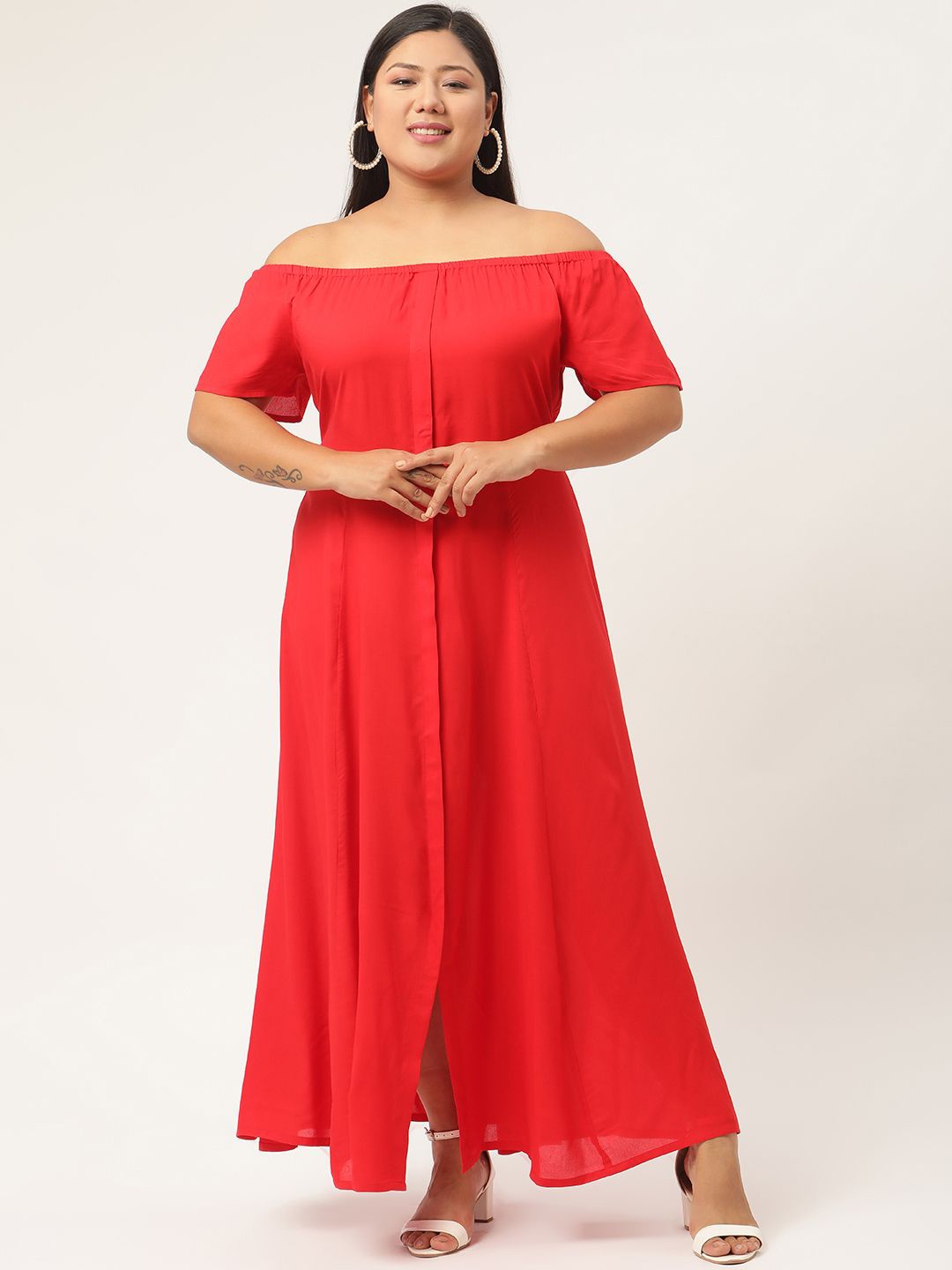 

theRebelinme Plus Size Off-Shoulder A-Line Maxi Dress, Red