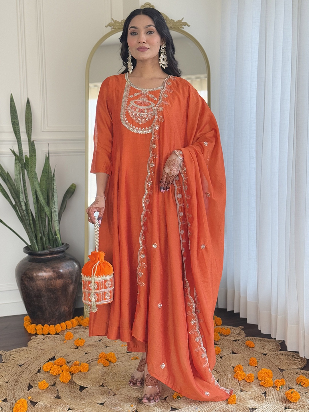 

Fashion Care Navlik Floral Embroidered Panelled Anarkali Kurta With Trousers & Dupatta, Orange