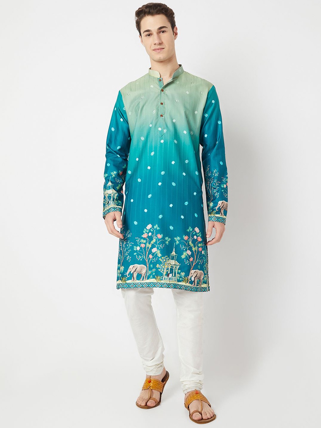 

BELLAZO Floral Printed Mandarin Collar Cotton Straight Kurta, Green