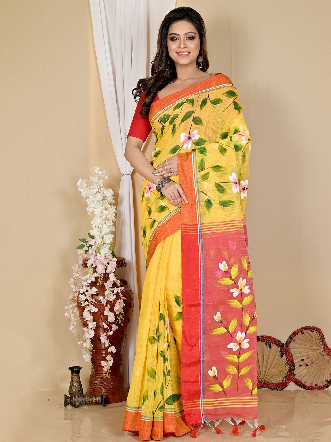 

DipDiya Slabakato Floral Hand Painted Taant Saree, Yellow
