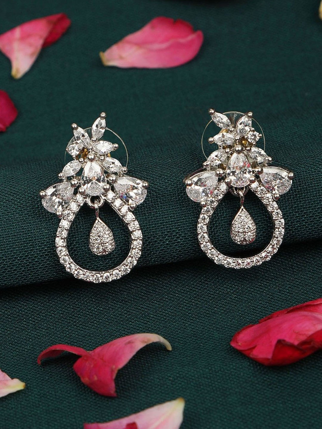 

House of Pataudi American Diamond Studded Contemporary Shaped Drop Earrings, Silver