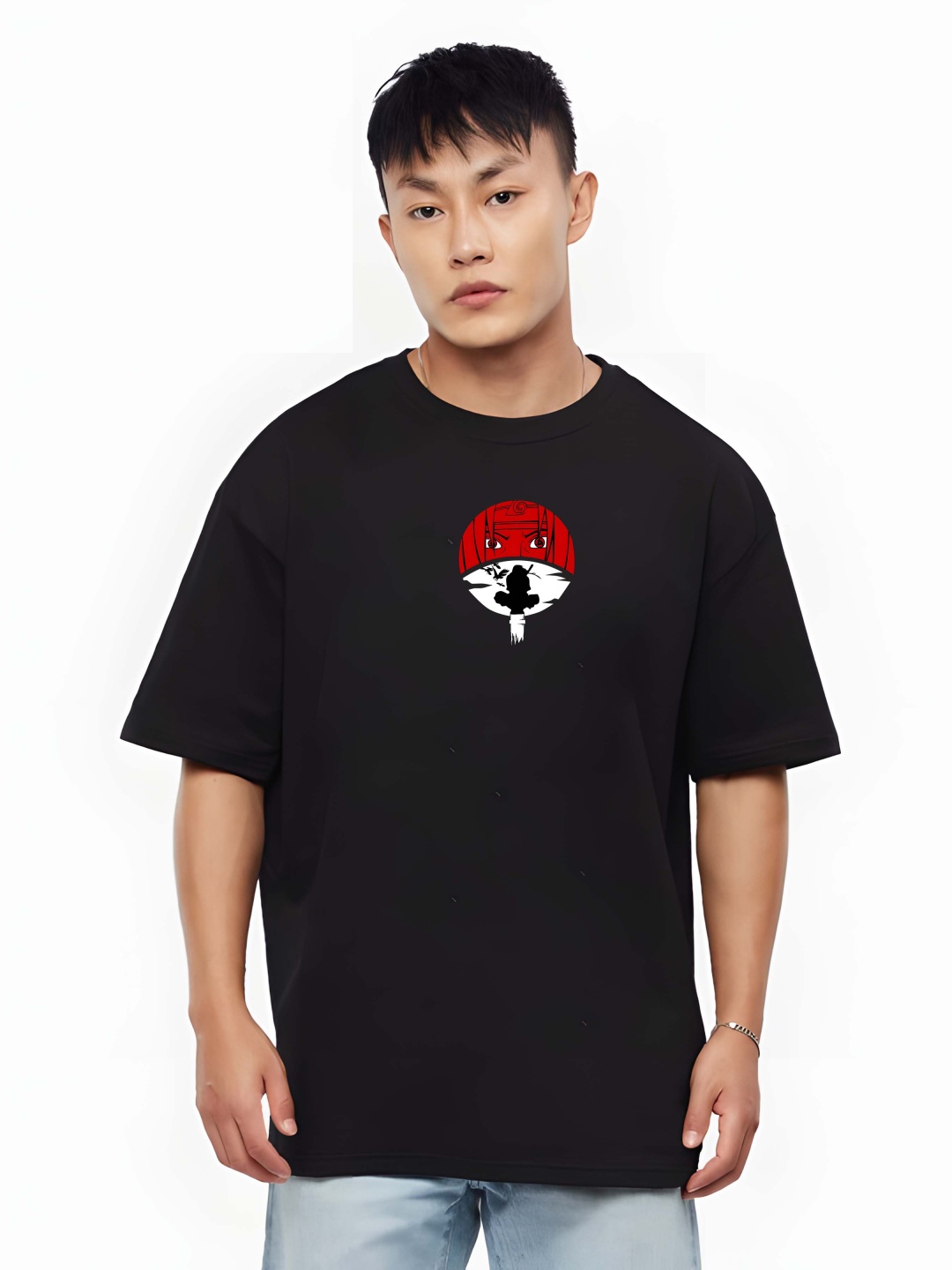 

BOWLIFESTYLE Men Naruto Graphic Printed Round Neck Cotton Oversized T-shirt, Black