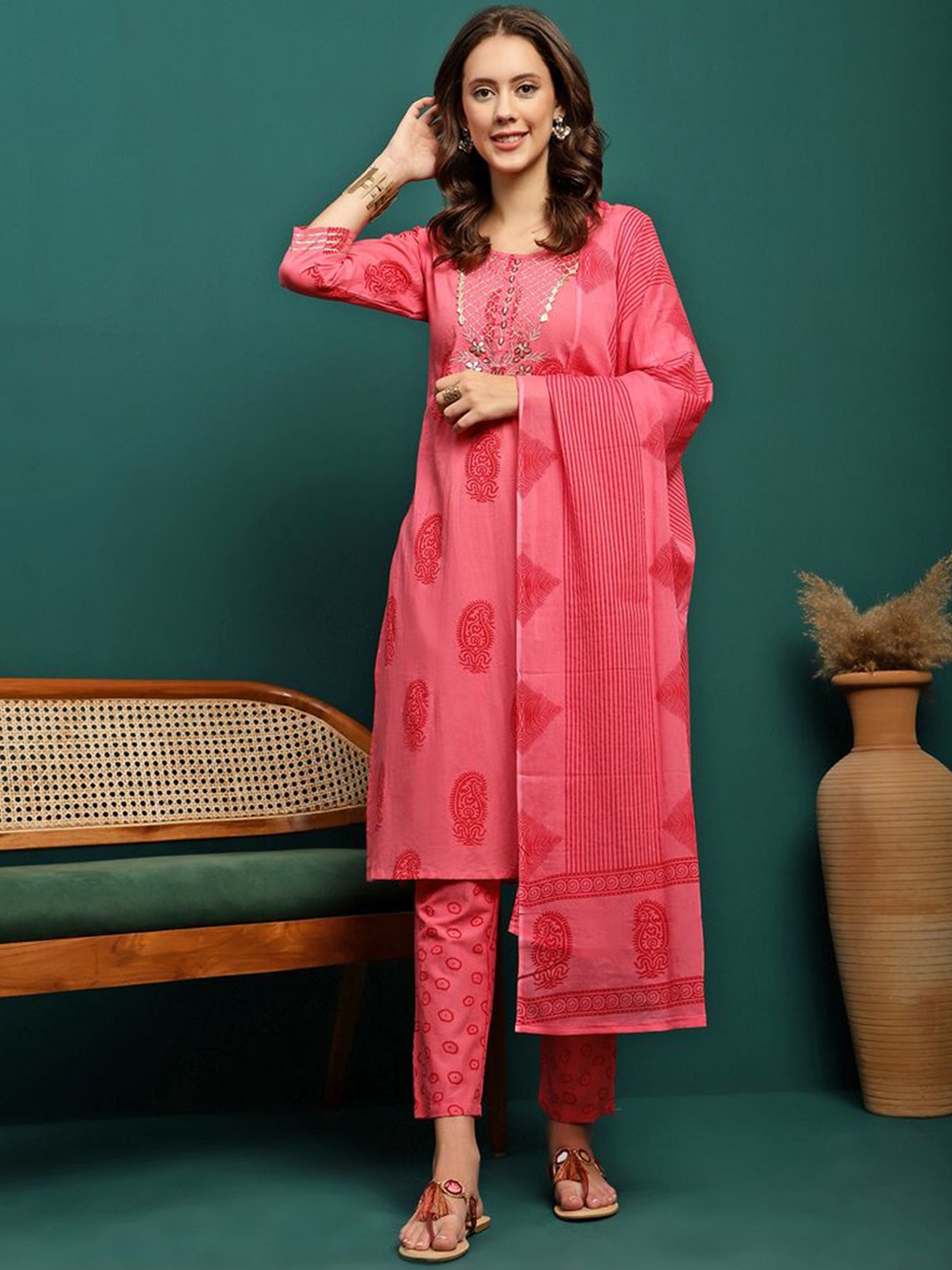 

Sangria Pink Floral Embroidered Round Neck Straight Kurta With Trouser And Dupatta