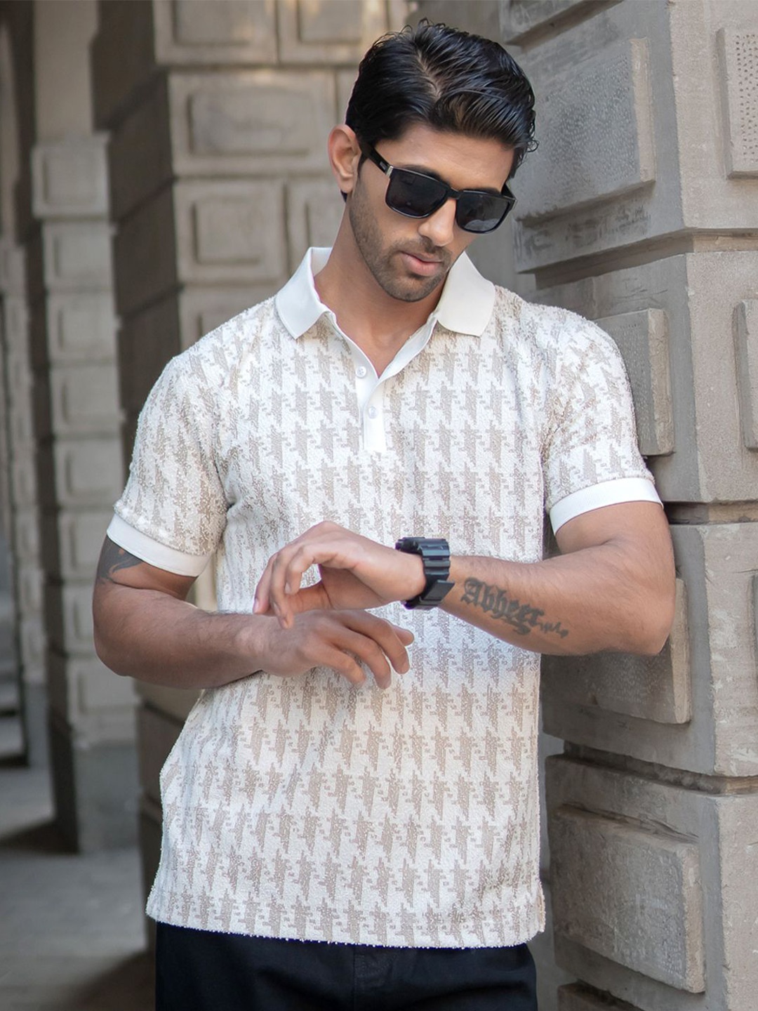 

Powerlook Men Regular Fit Conversational Printed Polo Collar T-shirt, Beige