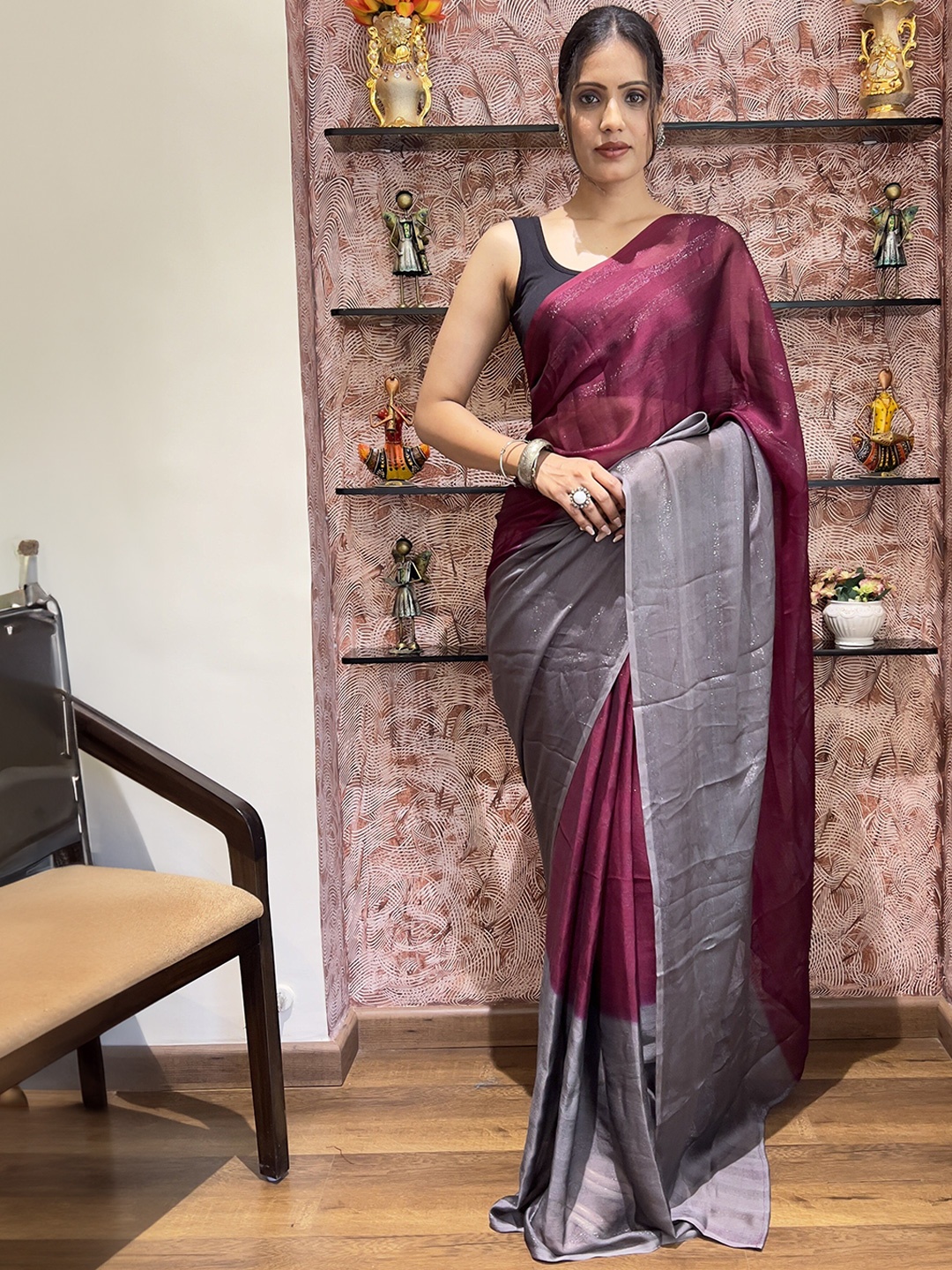 

ZIBLON Colourblocked Ready To Wear Saree, Lavender
