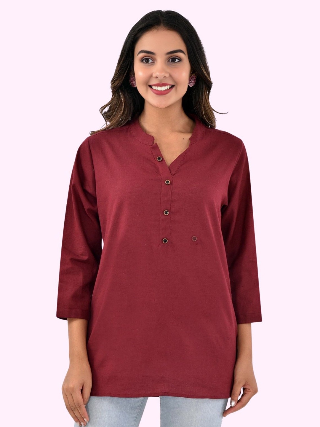 

GiftyBasket Women Mandarin Collar Cotton Top, Maroon