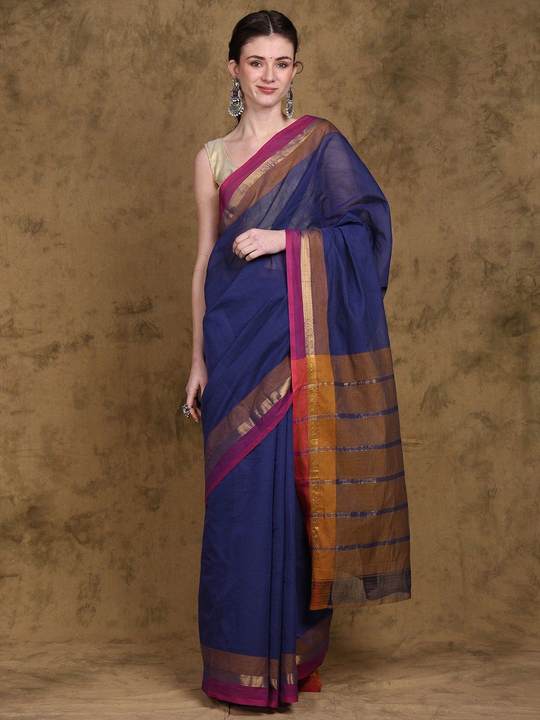 

Exotic India Estate Blue Stripe Woven Chettinad Cotton Saree with Golden Border