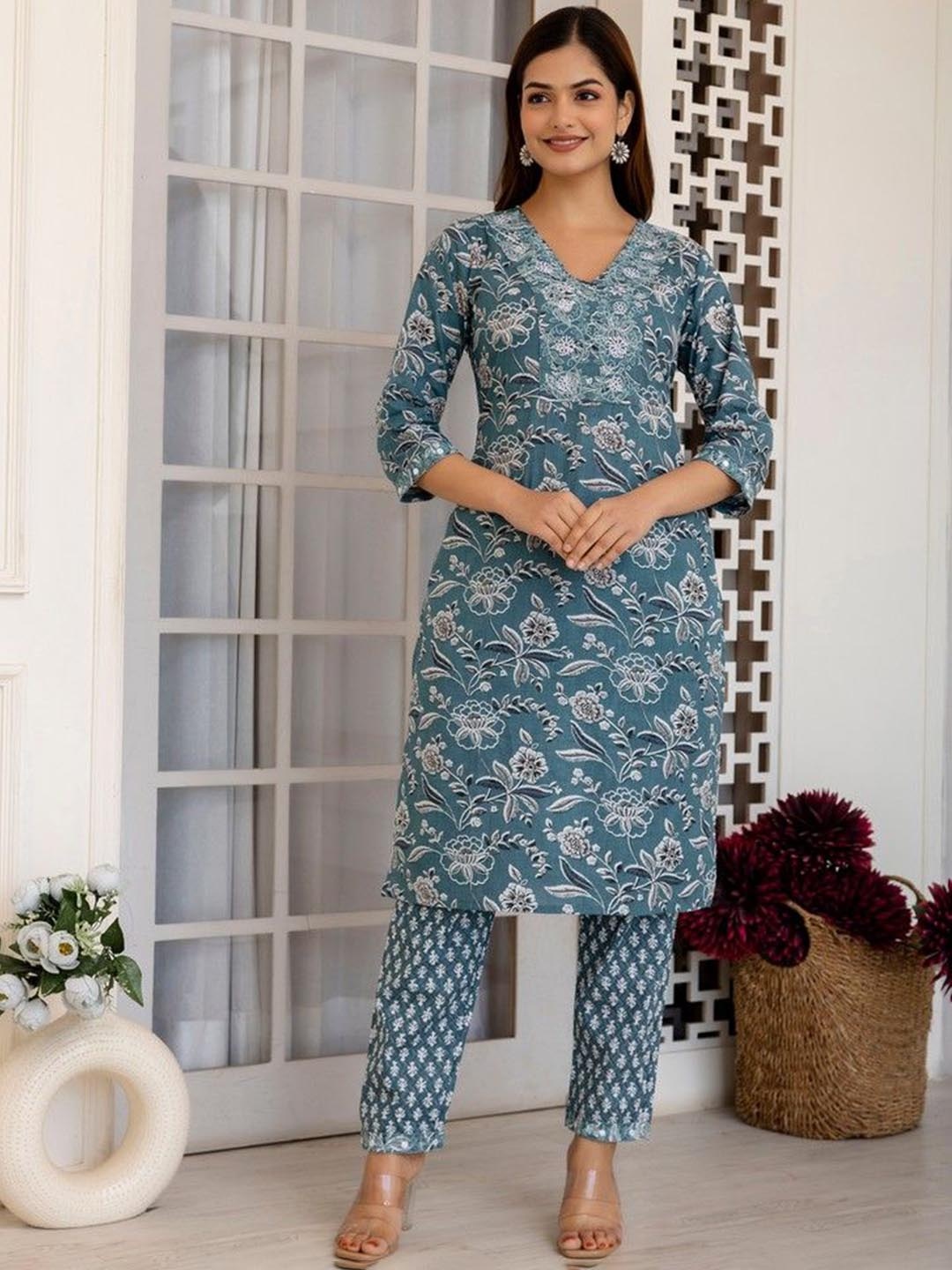 

TRENDSWILL Women Floral Embroidered Regular Kurta with Trousers, Blue