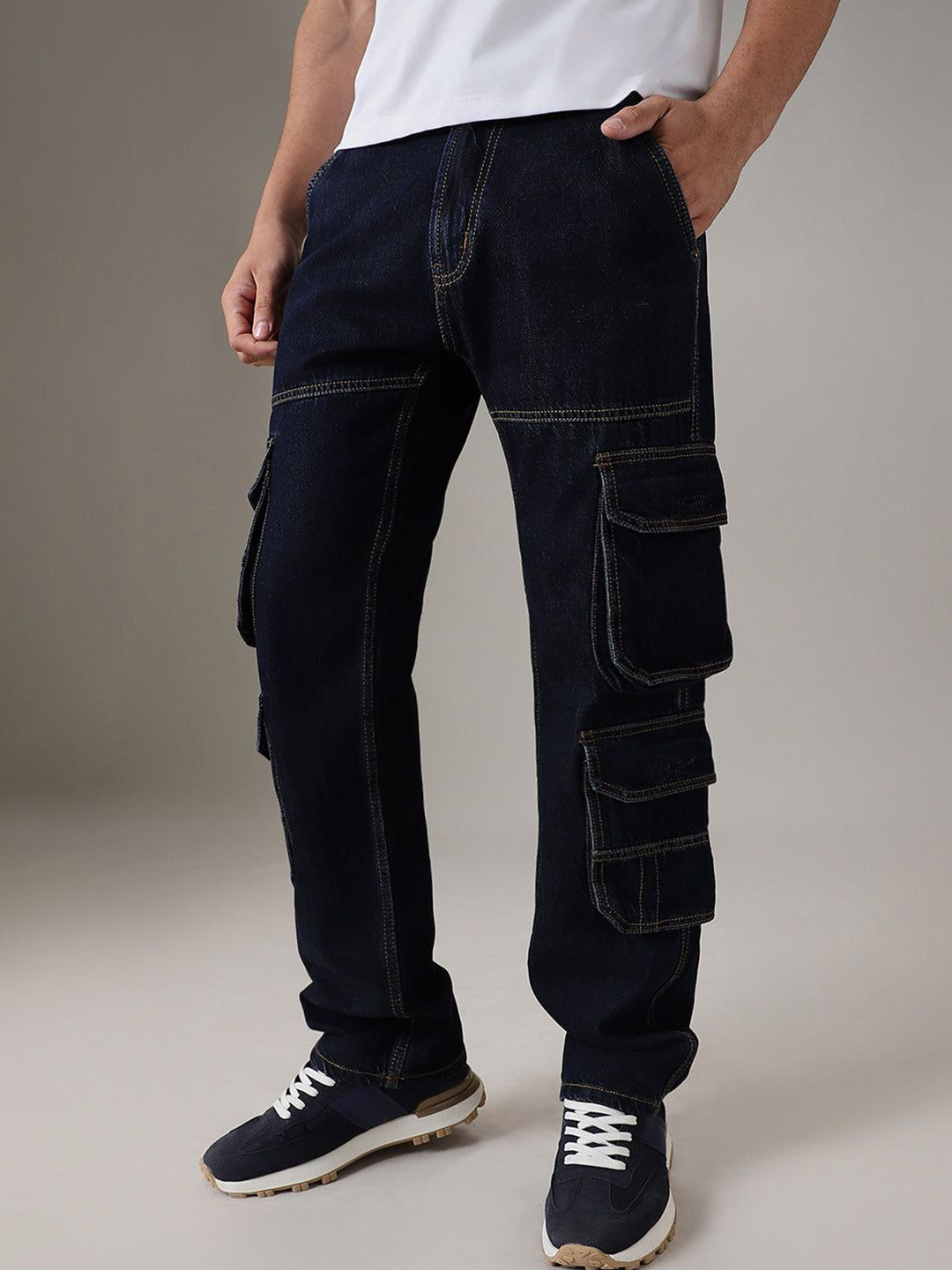

Banana Club Men Teal Trust Blue Baggy Fit Denim Cotton Jeans, Navy blue