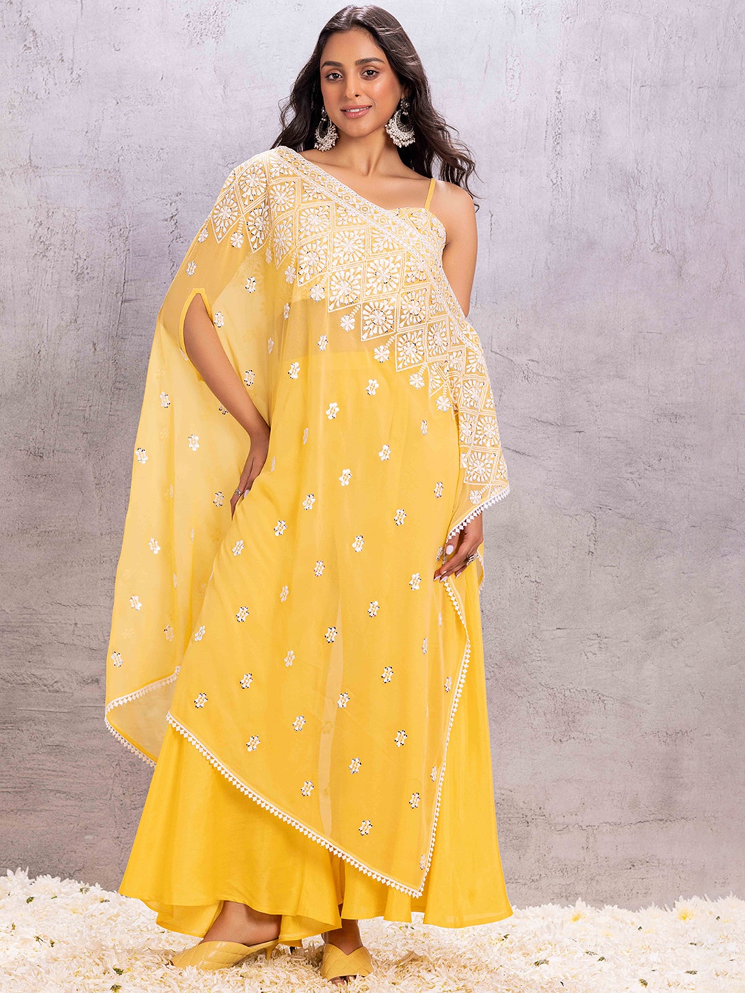 

SEW Women Embroidered Flared Sleeves Ethnic Dress, Yellow