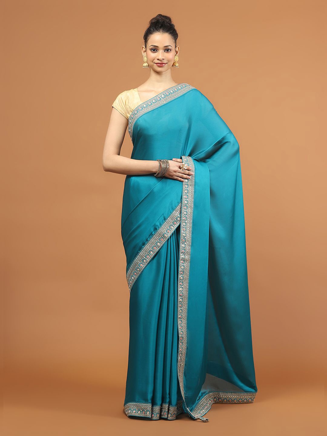 

Meena Bazaar Embroidered Saree With Blouse Piece, Blue