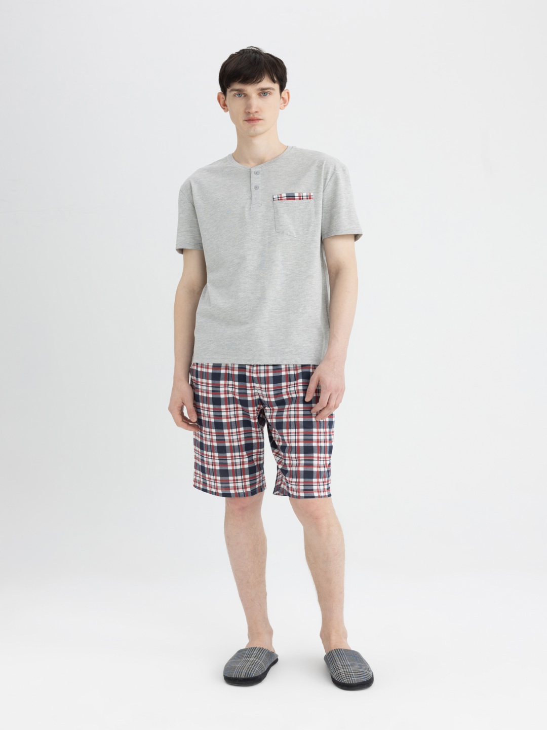 

DeFacto Checked Pure Cotton T-Shirt With Shorts Co-Ords, Grey
