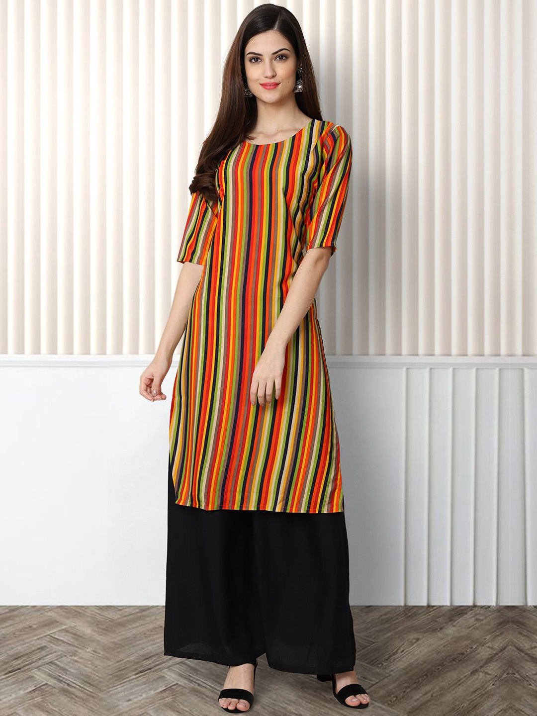 

Moda Rapido Striped Round Neck Straight Kurta, Orange
