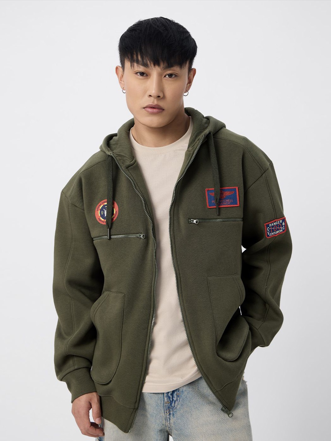 

The Souled Store Men Printed Hooded Front-Open Sweatshirt, Olive