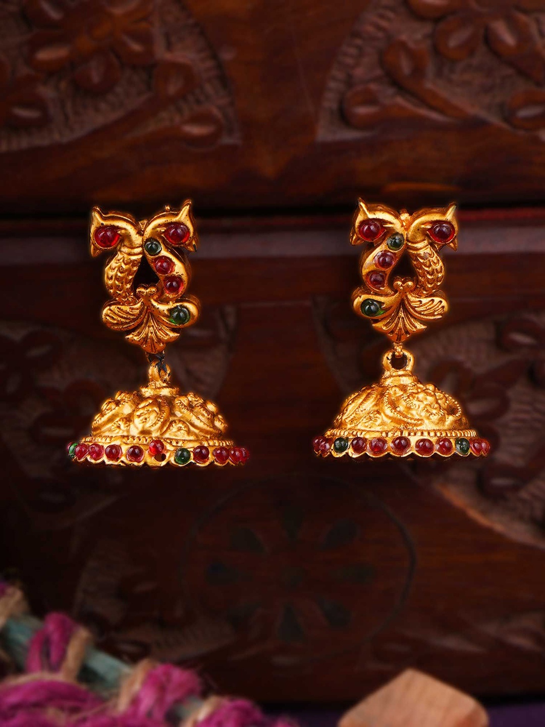 

Adwitiya Collection Gold-Plated Artificial Stones Studded Dome Shaped Jhumkas