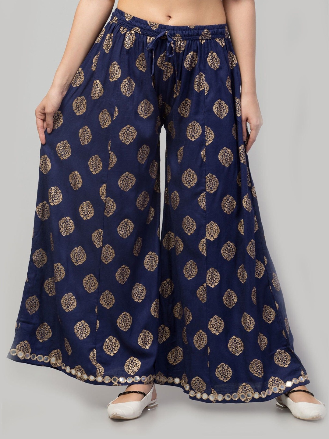 

FAMBEE Women Printed Flared Knitted Palazzos, Blue