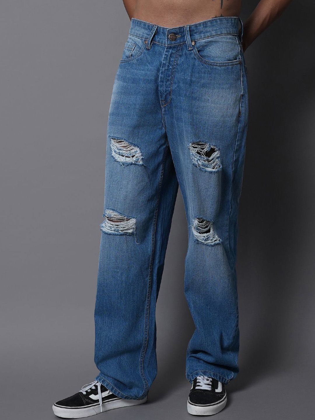 

High Star Men Cotton Comfort Wide Leg Mildly Distressed Light Fade Jeans, Blue