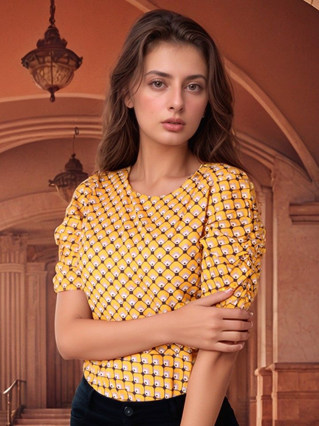 

Bucciato Private Limited Women Printed Puff Sleeves Cotton Top, Yellow