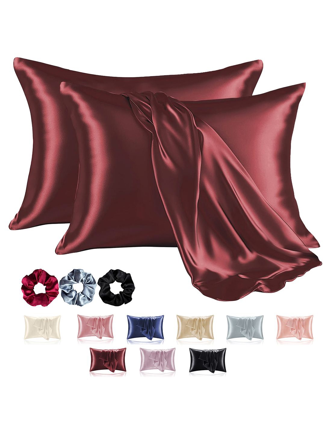 

Kuber Industries Red 2 Pieces Satin Rectangle Pillow Covers with 3 Scrunchies