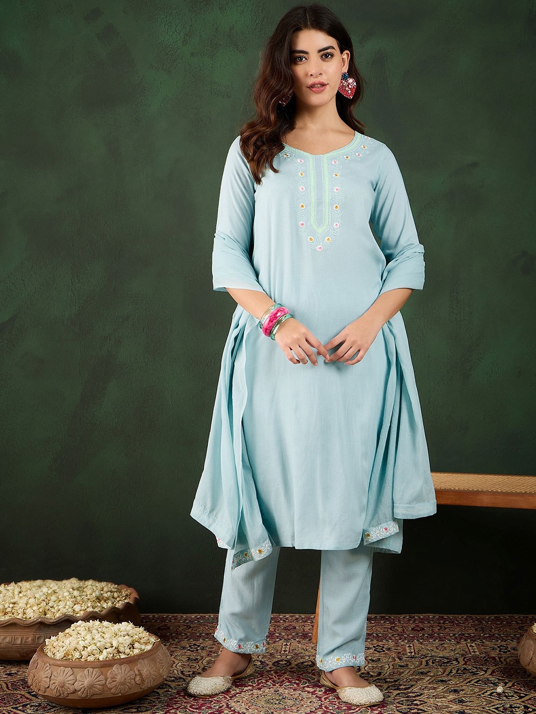 

Sangria Blue Floral Yoke Design Sweetheart Neck Straight Kurta With Trouser & Dupatta