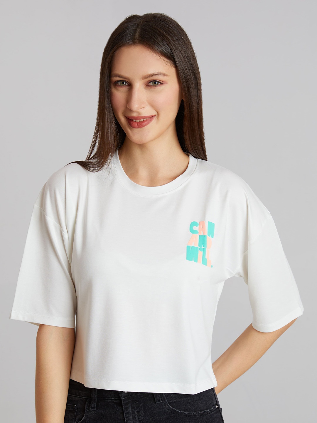

BerryBird Women Drop Shoulder Round Neck Regular Fit T-Shirts, White