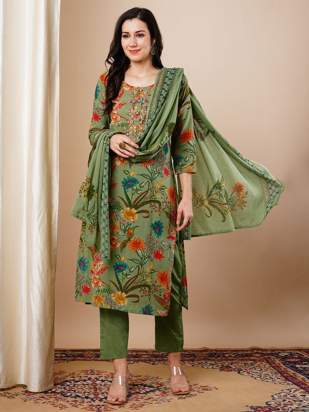 

FASHOR Floral Printed Round Neck Thread Work Straight Kurta With Trousers & Dupatta, Green