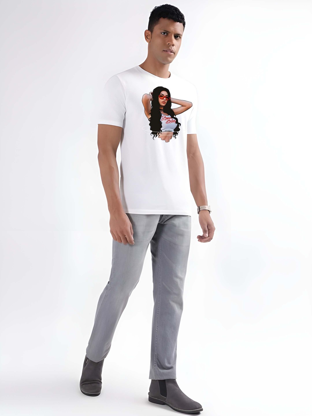 

Krimmple Men Graphic Printed Round Neck Cotton T-shirt, White