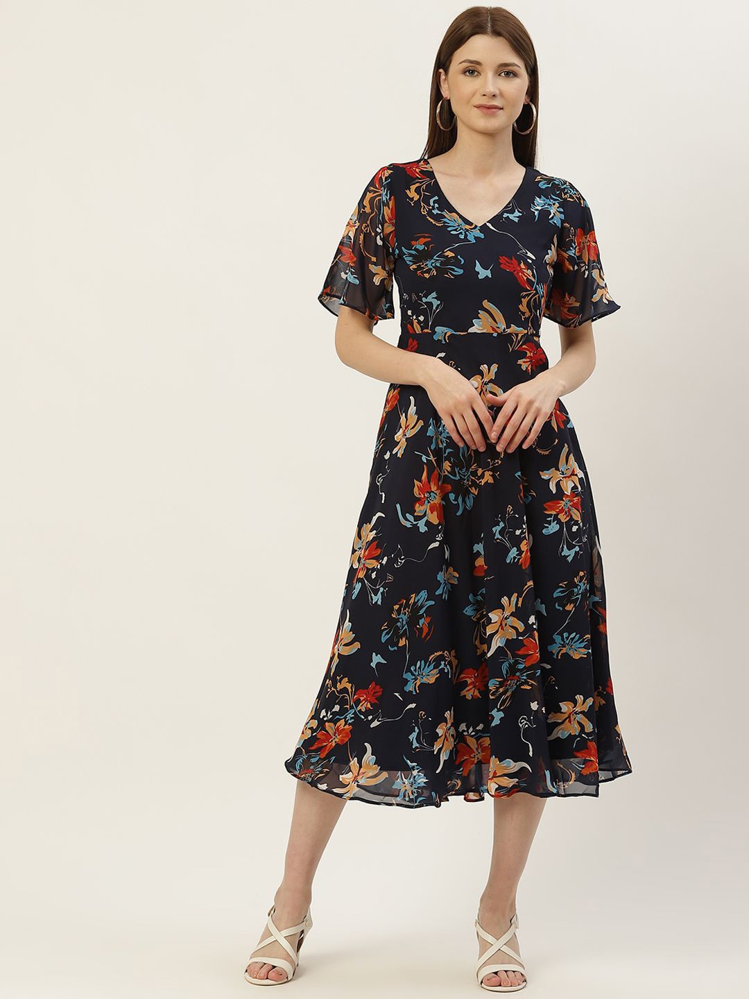 

Moda Rapido Floral Print Flared Sleeve Georgette A-Line Dress, Multi