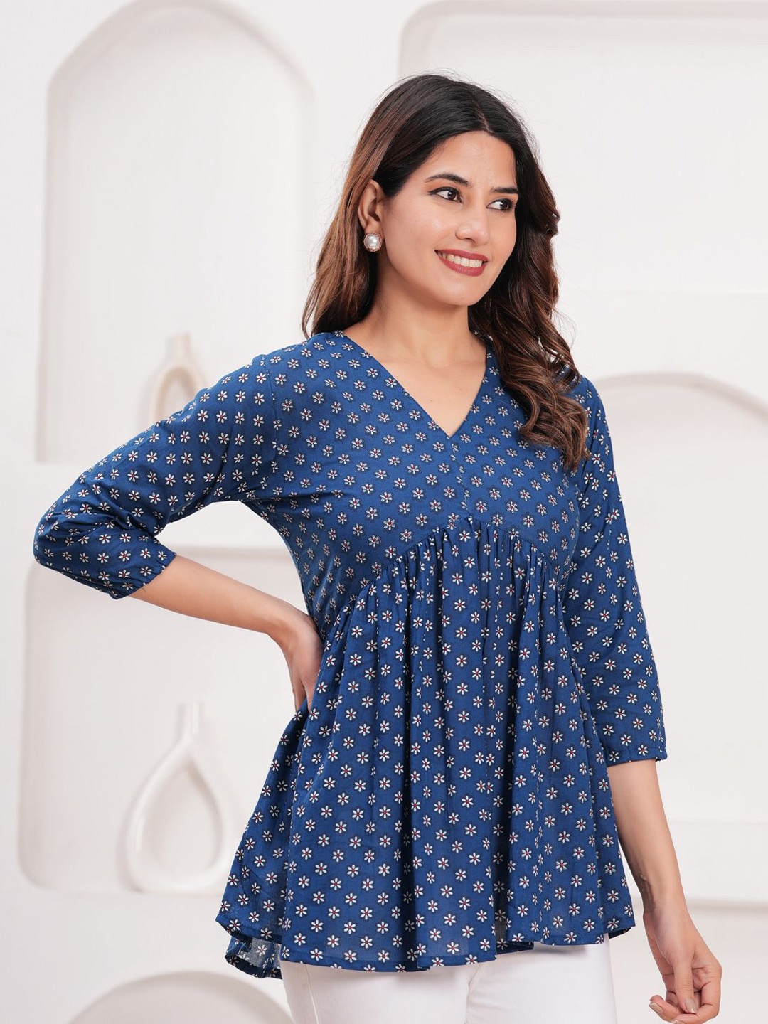 

Sarai Floral Print Cotton Empire Top, Blue