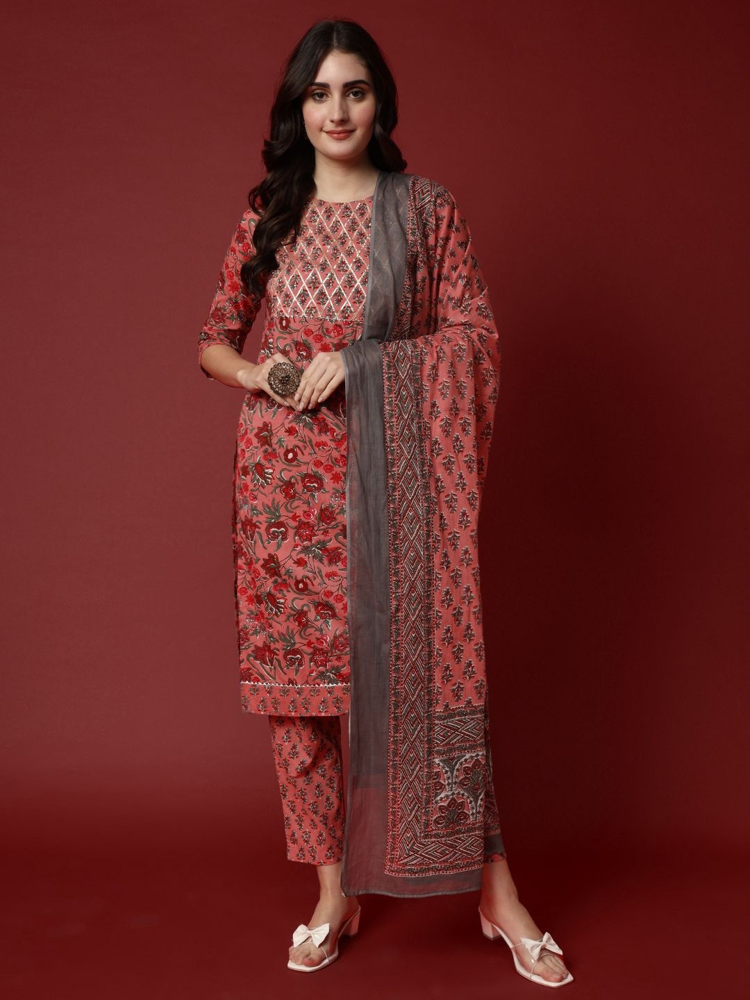 

Aspriya Floral Printed Gotta Patti Pure Cotton Straight Kurta With Trousers & Dupatta, Coral