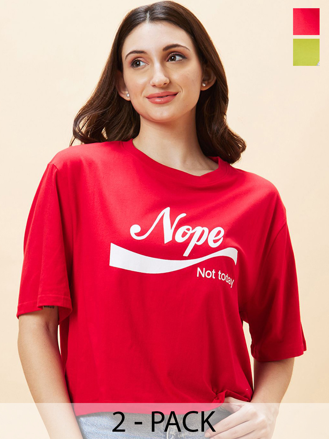 

Globus Women Pack Of 2 Graphic Printed Round Neck Cotton Boxy T-shirts, Red