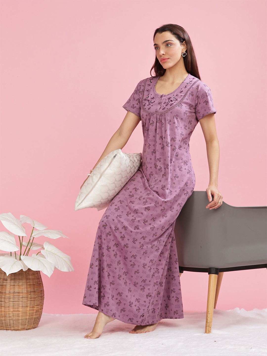 

9shines Label Embroidered Maxi Nightdress, Purple