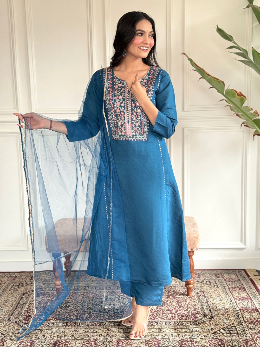 

KALINI Floral Embroidered Notch Neck Chanderi Silk Straight Kurta With Trousers & Dupatta, Turquoise blue