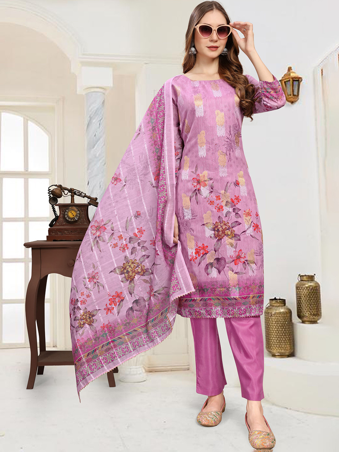 

VIRICA Women Floral Regular Chanderi Cotton Kurta with Trousers & With Dupatta, Pink