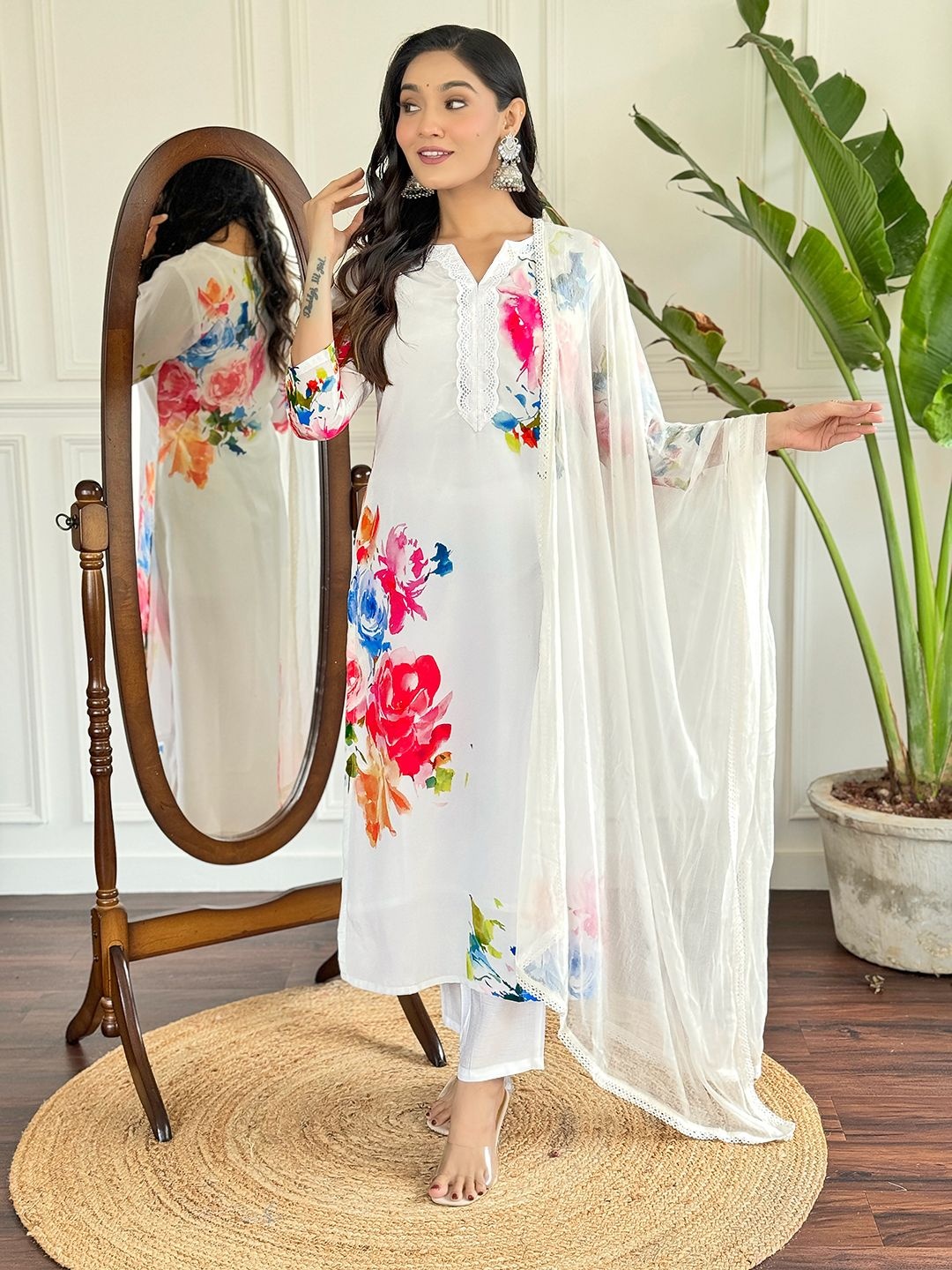 

KALINI Floral Printed Notched Neck Straight Kurta With Trousers & Dupatta, White