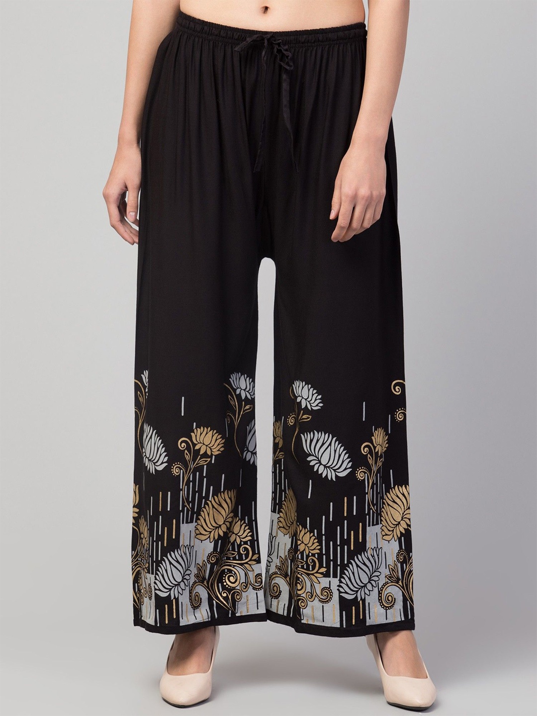 

FAMBEE Women Floral Printed Flared Knitted Palazzos, Black