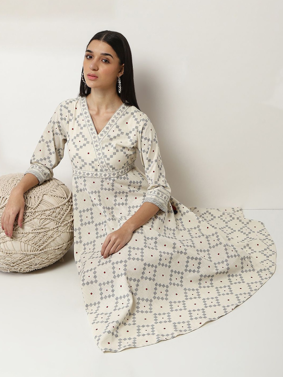 

Rangriti Printed Puff Sleeve Fit & Flare Midi Dress, White